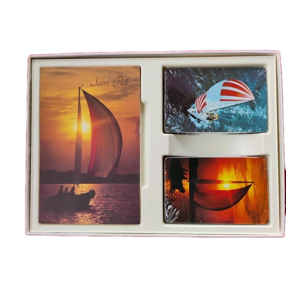 Vintage NIB Hallmark Sailboat Cards Bridge Set With 2 Card Decks & Score Pad - Picture 2 of 11